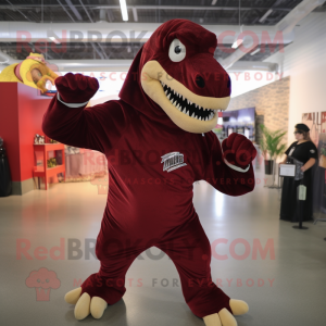 Maroon Tyrannosaurus mascot costume character dressed with a Long Sleeve Tee and Gloves