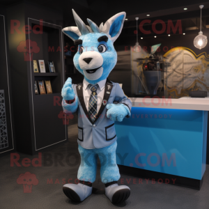 Sky Blue Goat mascot costume character dressed with a Suit Jacket and Headbands