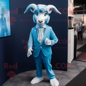 Sky Blue Goat mascot costume character dressed with a Suit Jacket and Headbands