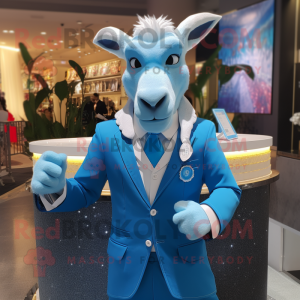 Sky Blue Goat mascot costume character dressed with a Suit Jacket and Headbands