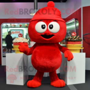 Red Cupcake mascot costume character dressed with a T-Shirt and Beanies