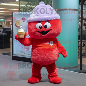 Red Cupcake mascot costume character dressed with a T-Shirt and Beanies