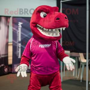 Magenta Tyrannosaurus mascot costume character dressed with a Polo Shirt and Earrings