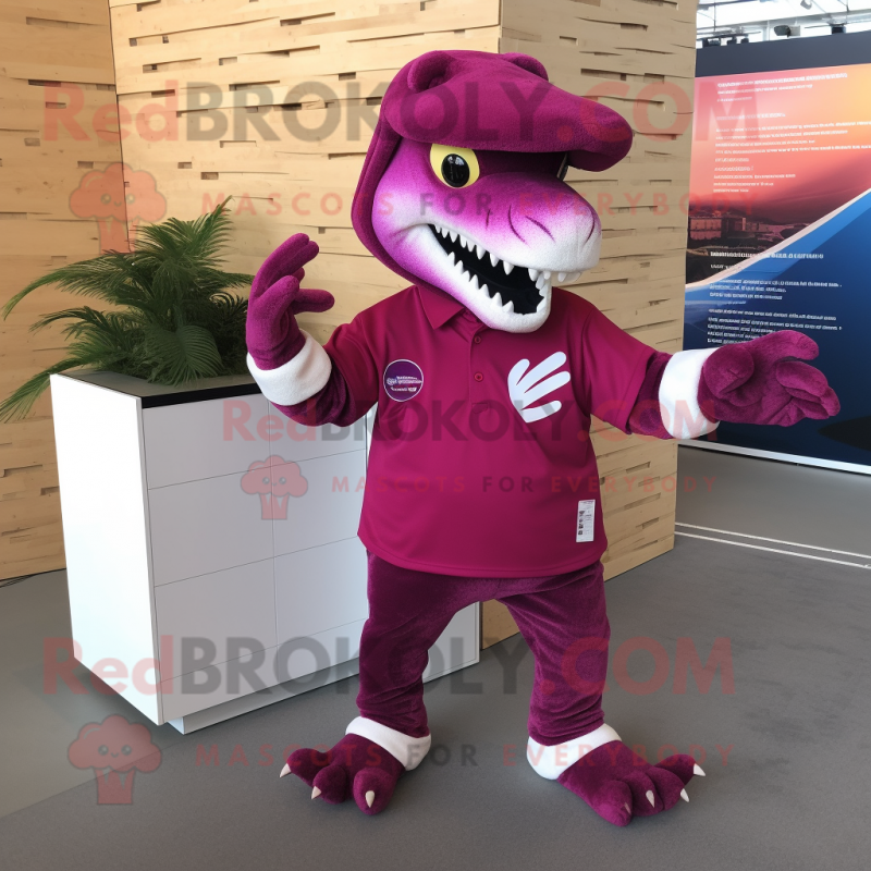 Magenta Tyrannosaurus mascot costume character dressed with a Polo Shirt and Earrings