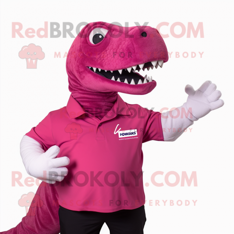 Magenta Tyrannosaurus mascot costume character dressed with a Polo Shirt and Earrings