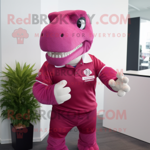 Magenta Tyrannosaurus mascot costume character dressed with a Polo Shirt and Earrings