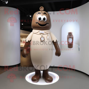 Brown Bottle Of Milk mascot costume character dressed with a Polo Tee and Tie pins