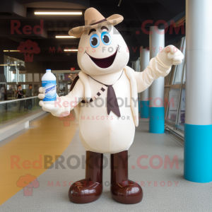 Brown Bottle Of Milk mascot costume character dressed with a Polo Tee and Tie pins