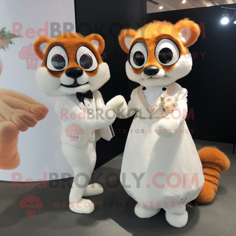 Peach Lemur mascot costume character dressed with a Wedding Dress and Briefcases Peach Lemur mascot costume character dressed with a Wedding Dress and Briefcases