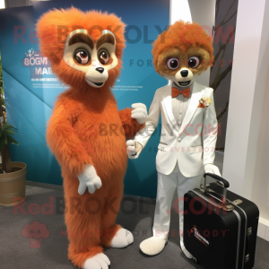 Peach Lemur mascot costume character dressed with a Wedding Dress and Briefcases