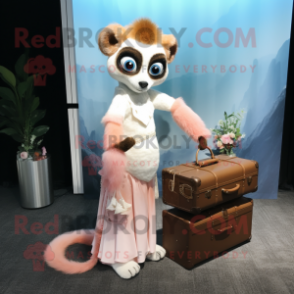 Peach Lemur mascot costume character dressed with a Wedding Dress and Briefcases