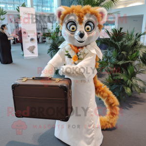 Peach Lemur mascot costume character dressed with a Wedding Dress and Briefcases