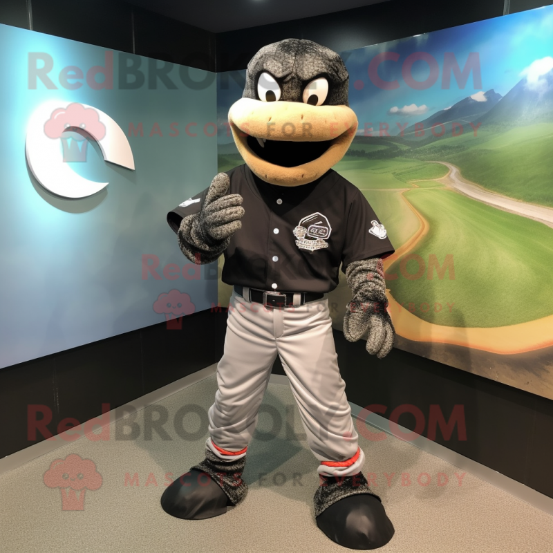 Black Snake mascot costume character dressed with a Baseball Tee and Hair clips