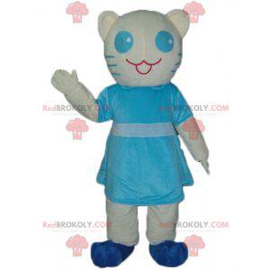 Witte en blauwe kat mascotte met een blauwe jurk -