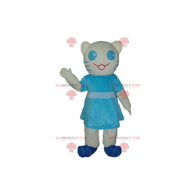 Mascotte de chat blanc et bleu avec une robe bleue -