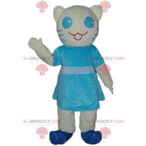 Weißes und blaues Katzenmaskottchen mit einem blauen Kleid -