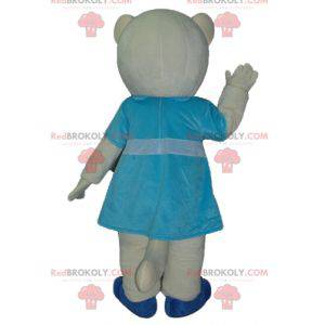 Mascote gato branco e azul com vestido azul - Redbrokoly.com