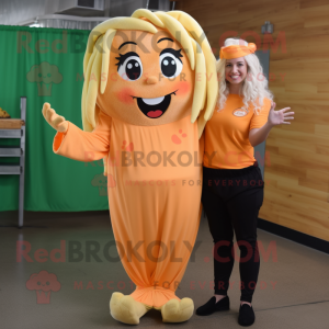 Peach Pesto Pasta mascot costume character dressed with a Jumpsuit and Hair clips