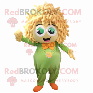 Peach Pesto Pasta mascot costume character dressed with a Jumpsuit and Hair clips