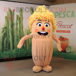 Peach Pesto Pasta mascot costume character dressed with a Jumpsuit and Hair clips