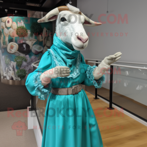 Turquoise Boer Goat mascot costume character dressed with a Maxi Skirt and Gloves