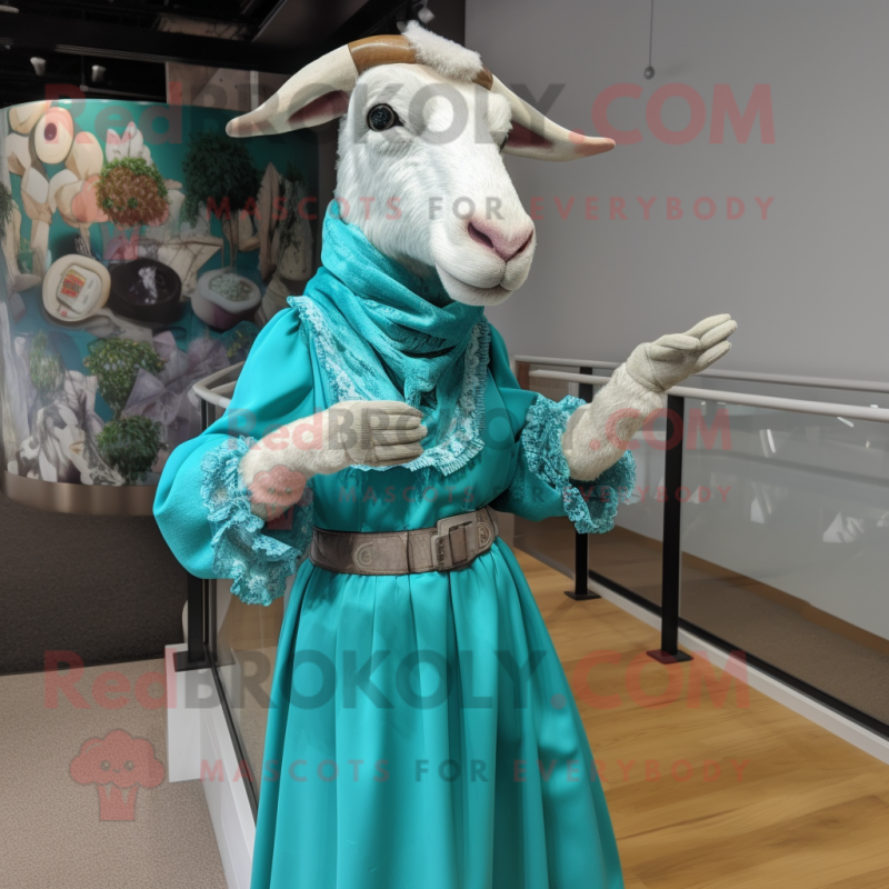 Turquoise Boer Goat mascot costume character dressed with a Maxi Skirt and Gloves Turquoise Boer Goat mascot costume character dressed with a Maxi Skirt and Gloves