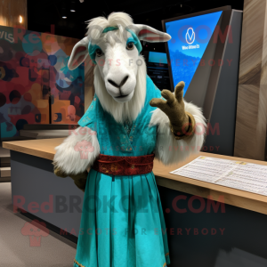 Turquoise Boer Goat mascot costume character dressed with a Maxi Skirt and Gloves