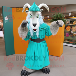 Turquoise Boer Goat mascot costume character dressed with a Maxi Skirt and Gloves