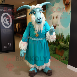 Turquoise Boer Goat mascot costume character dressed with a Maxi Skirt and Gloves