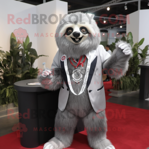 Silver Sloth mascot costume character dressed with a Blazer and Keychains