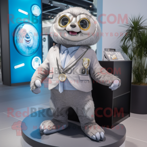 Silver Sloth mascot costume character dressed with a Blazer and Keychains