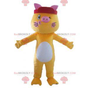 Mascote gato colorido e engraçado amarelo branco e rosa -