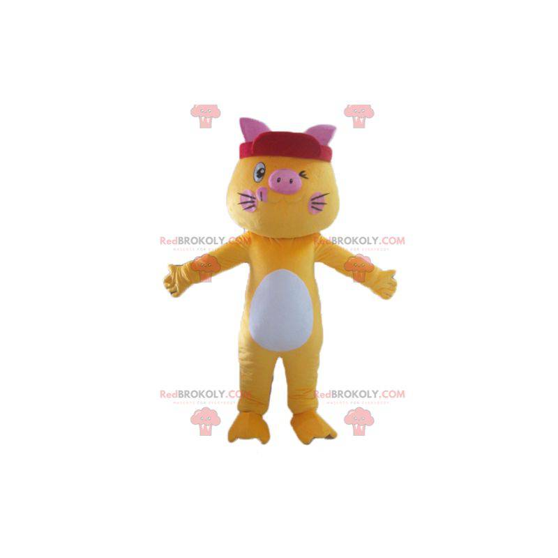 Colorful and funny yellow white and pink cat mascot -
