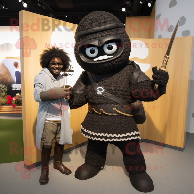 Black Samurai mascot costume character dressed with a Sweater and Watches