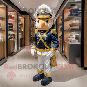 Gold Navy Soldier mascot costume character dressed with a V-Neck Tee and Handbags