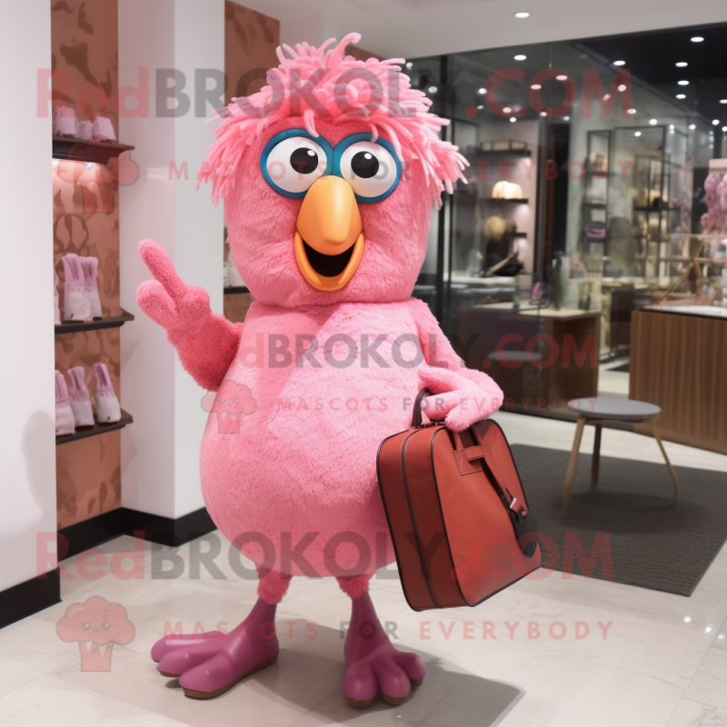 Pink Chicken Parmesan mascot costume character dressed with a Bodysuit and Handbags