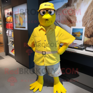 Yellow Gull mascot costume character dressed with a Cargo Shorts and Headbands