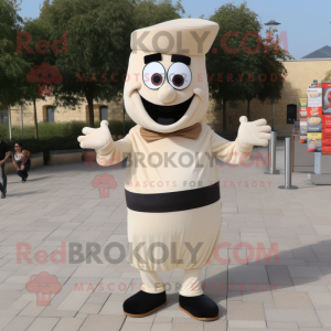 Cream Moussaka mascot costume character dressed with a Dress Pants and Belts