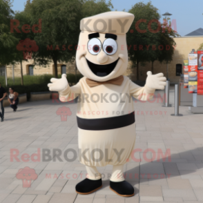 Cream Moussaka mascot costume character dressed with a Dress Pants and Belts