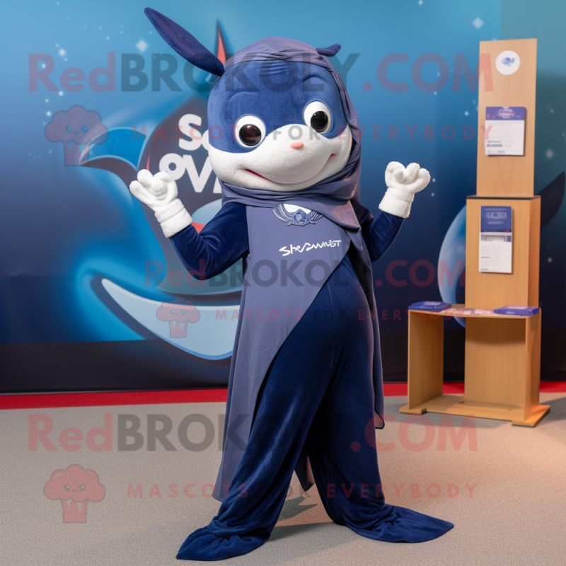 Navy Swordfish mascot costume character dressed with a Yoga Pants and Shawls