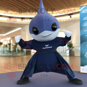 Navy Swordfish mascot costume character dressed with a Yoga Pants and Shawls