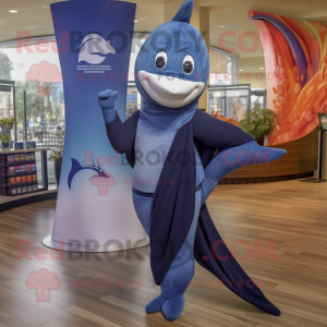 Navy Swordfish mascot costume character dressed with a Yoga Pants and Shawls