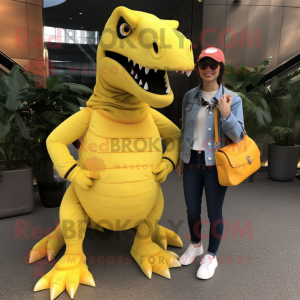 Lemon Yellow Allosaurus mascot costume character dressed with a Boyfriend Jeans and Messenger bags