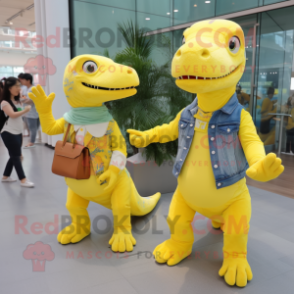 Lemon Yellow Allosaurus mascot costume character dressed with a Boyfriend Jeans and Messenger bags