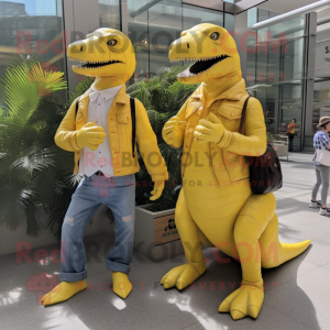 Lemon Yellow Allosaurus mascot costume character dressed with a Boyfriend Jeans and Messenger bags