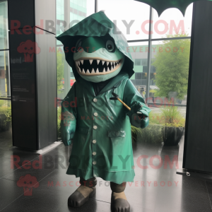 Green Megalodon mascot costume character dressed with a Raincoat and Hat pins