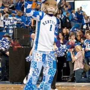 Mascotte de tigre de lynx en tenue bleue et blanche -