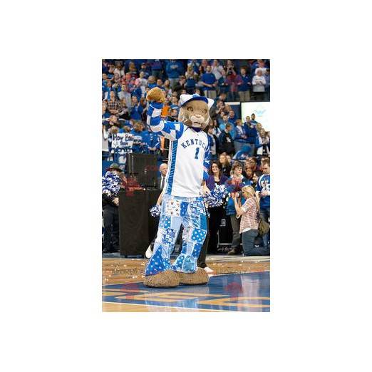 Mascote tigre lince em traje azul e branco - Redbrokoly.com