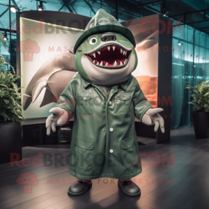 Green Megalodon mascot costume character dressed with a Raincoat and Hat pins