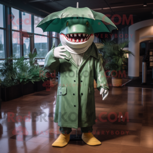 Green Megalodon mascot costume character dressed with a Raincoat and Hat pins